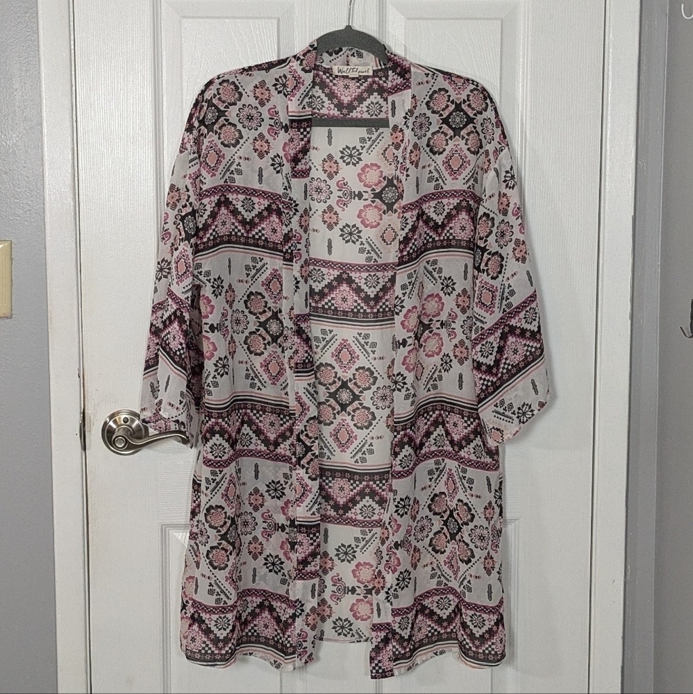 Wallflower Sheer Geometric Floral Print Bohemian Open Front Kimono Top Size L - Picture 1 of 6